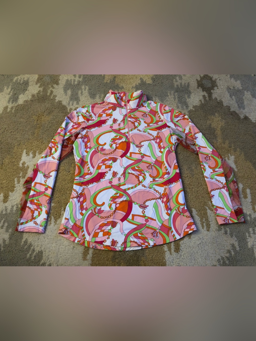 Ibkul Women's Pink Green White Patterned 1/4 Zip Long Sleeve Sun Shirt Sz S EUC!